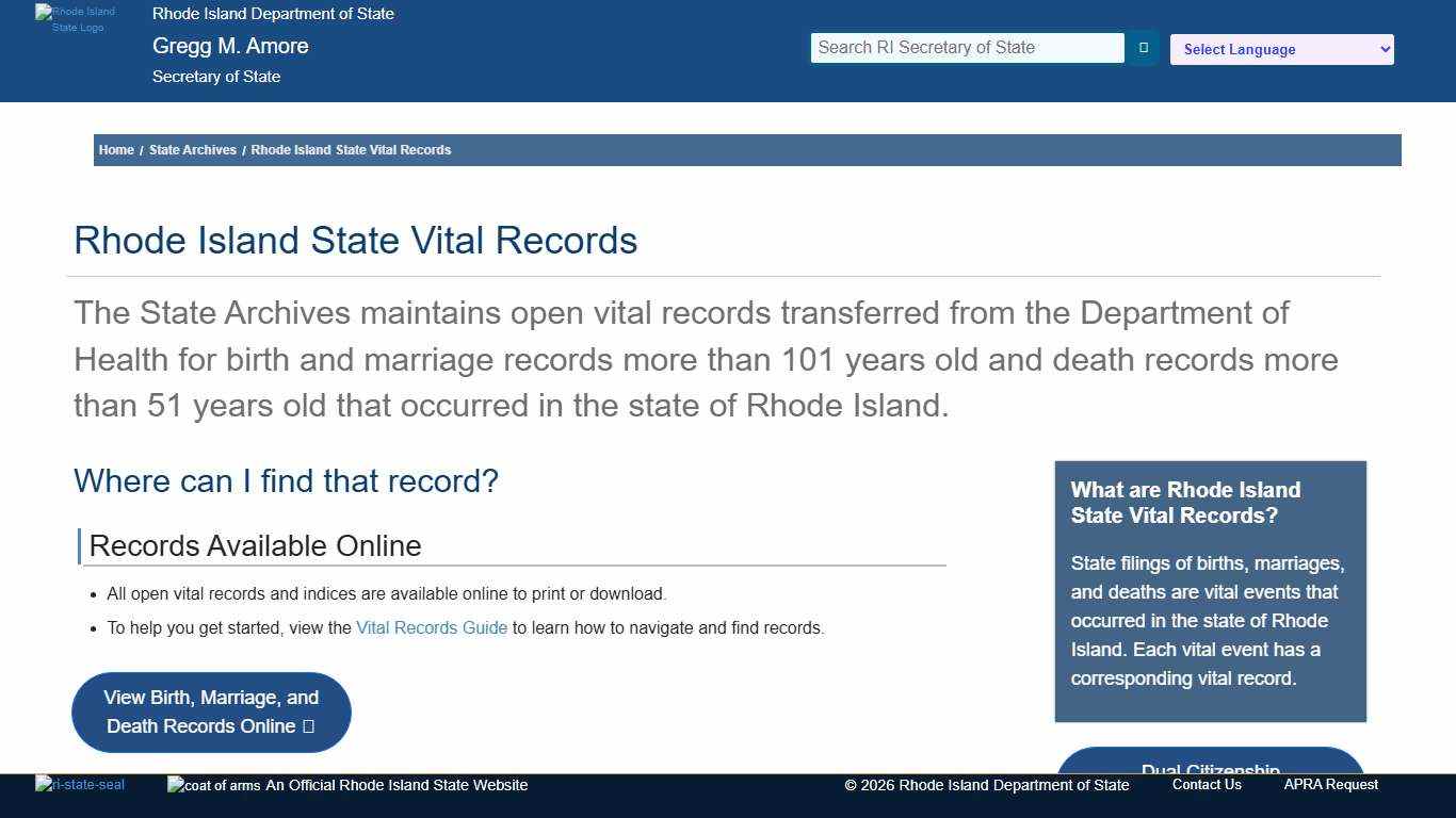 State Vital Records - Rhode Island - Gregg M. Amore
